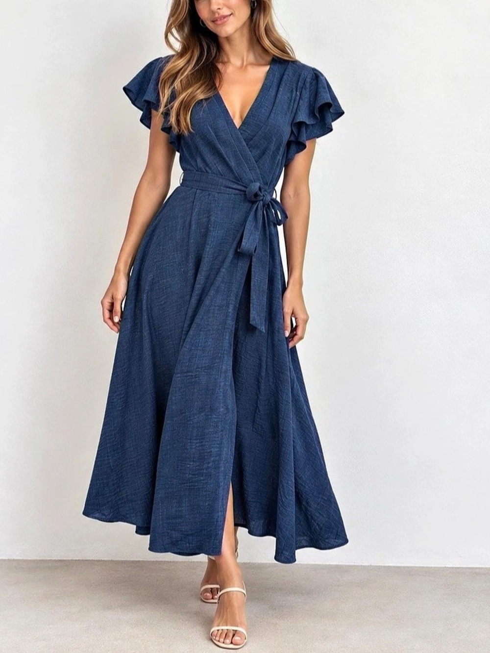 NWT DKNY Coquette navy blue wrap dress with ruffle sleeves and tie waist | Size